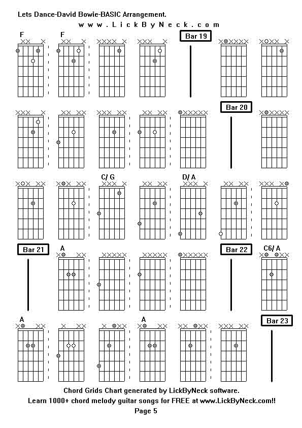 Chord Grids Chart of chord melody fingerstyle guitar song-Lets Dance-David Bowie-BASIC Arrangement,generated by LickByNeck software.